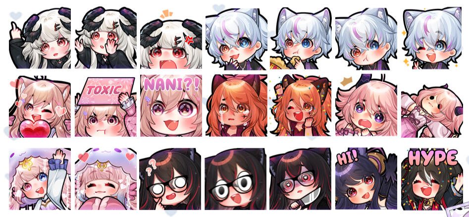 $15 USD per emote Includes 4 sizes (300px, 112px, 56px, 28px) per emote. Transparent PNG files emotes.